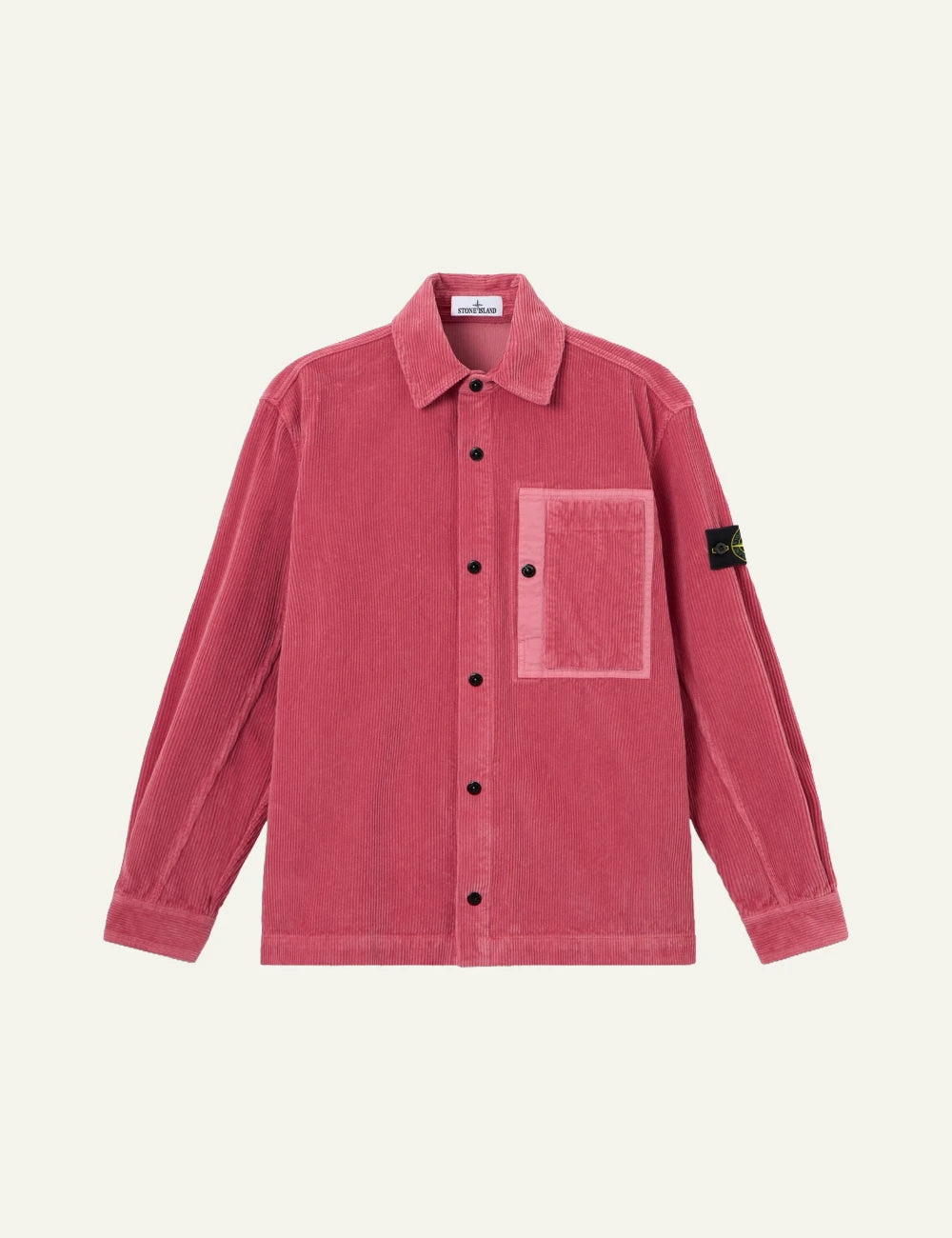 Men's Stone Island coral organic cotton corduroy shirt with chest pocket and Compass patch