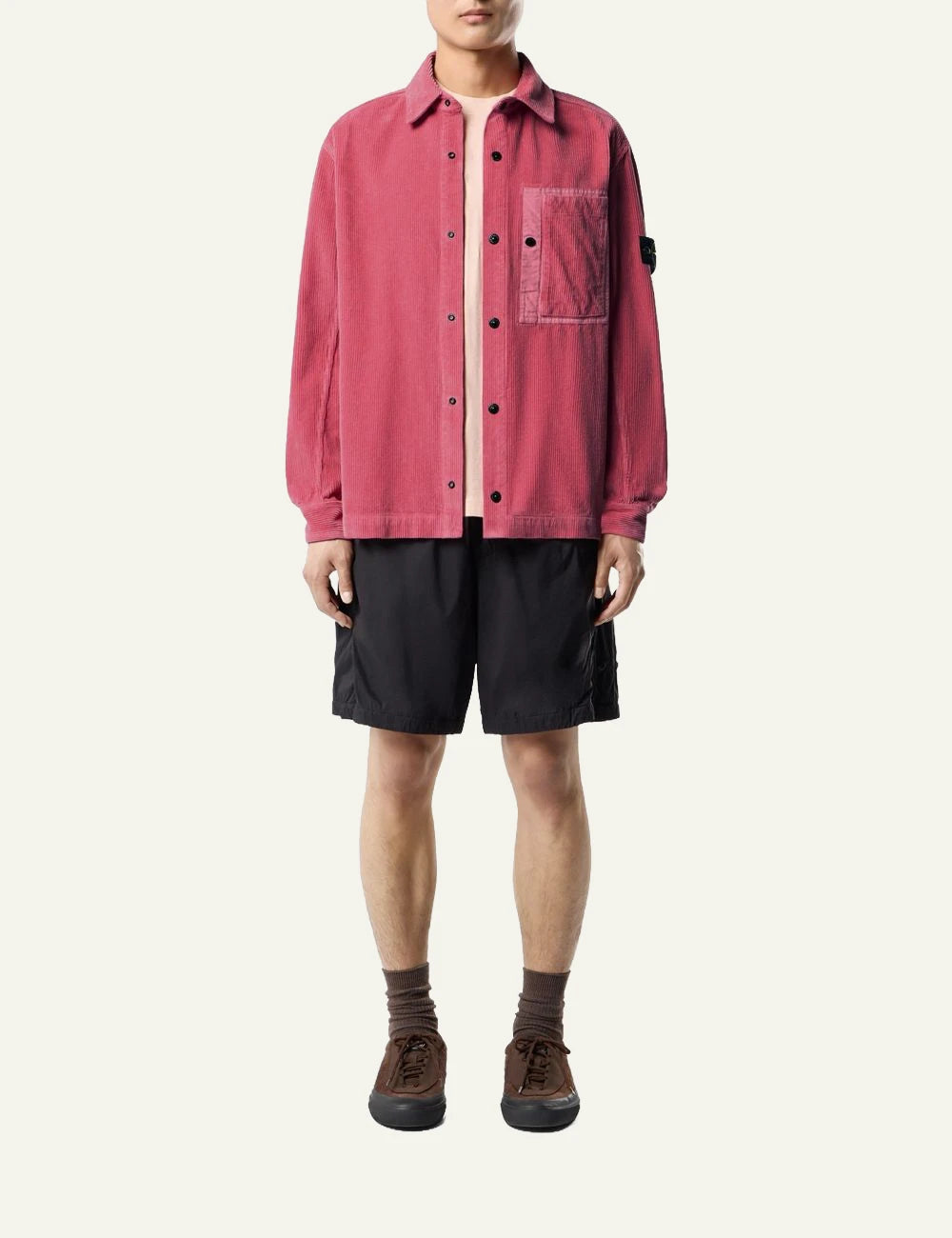 Men's Stone Island coral organic cotton corduroy shirt with chest pocket and Compass patch full body