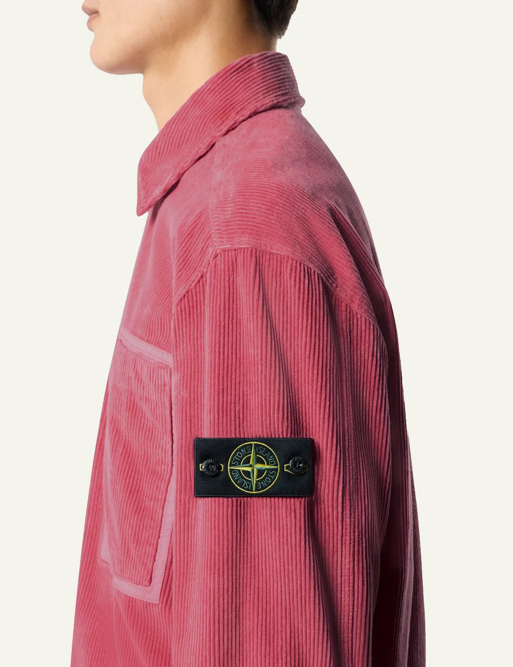 Men's Stone Island coral organic cotton corduroy shirt with chest pocket and Compass patch side