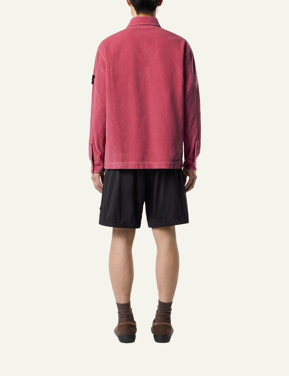 Men's Stone Island coral organic cotton corduroy shirt with chest pocket and Compass patch back