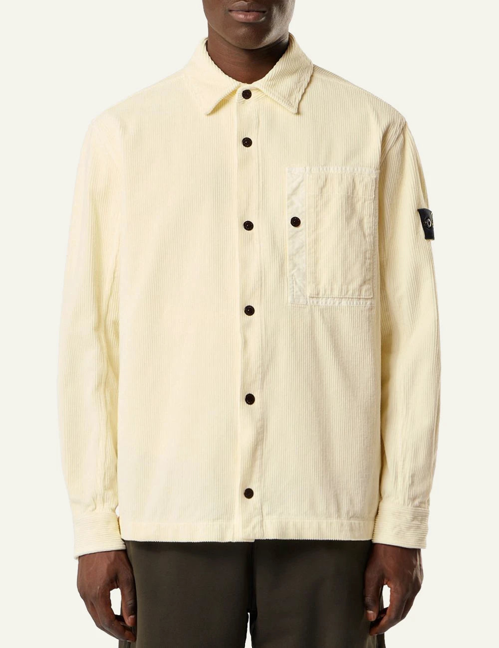 Men's Stone Island ivory organic cotton corduroy overshirt with Compass logo patch full body