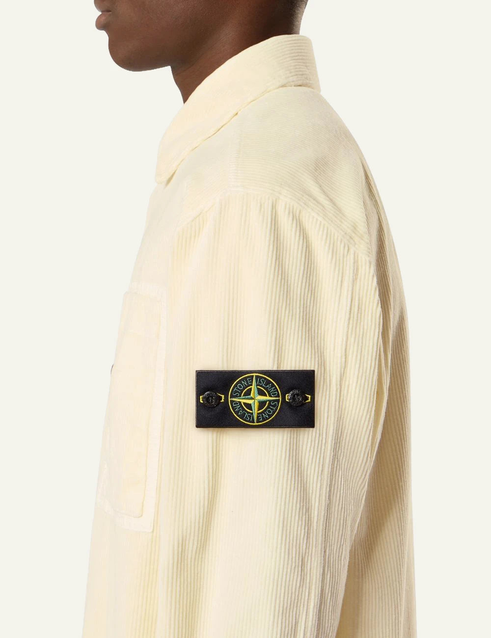 Men's Stone Island ivory organic cotton corduroy overshirt with Compass logo patch side
