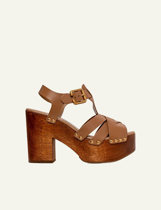 Carrano platform sandal leather beige wood heel studs side view