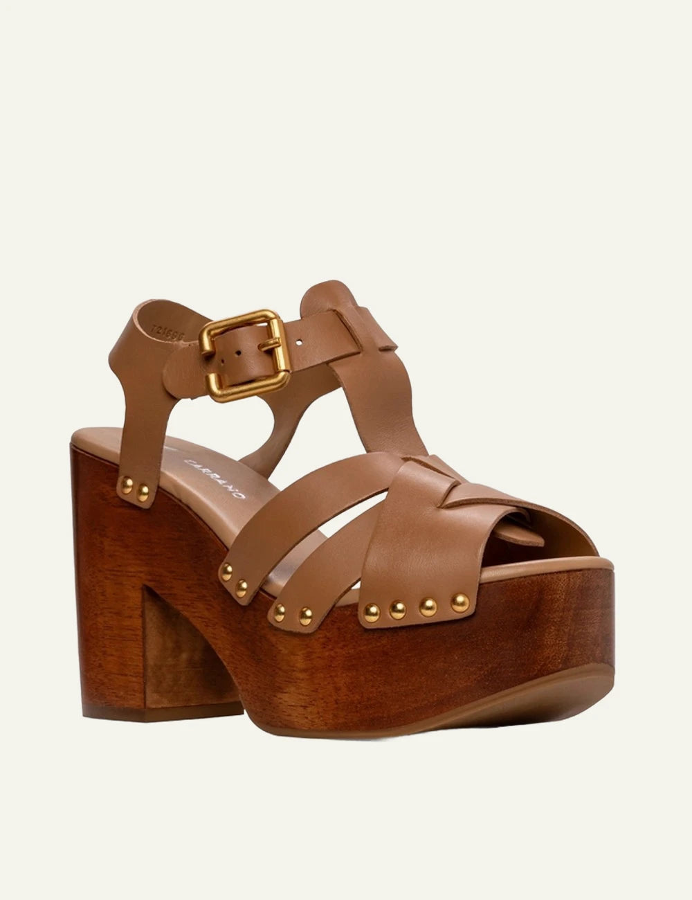 Carrano platform sandal leather beige wood heel studs front view