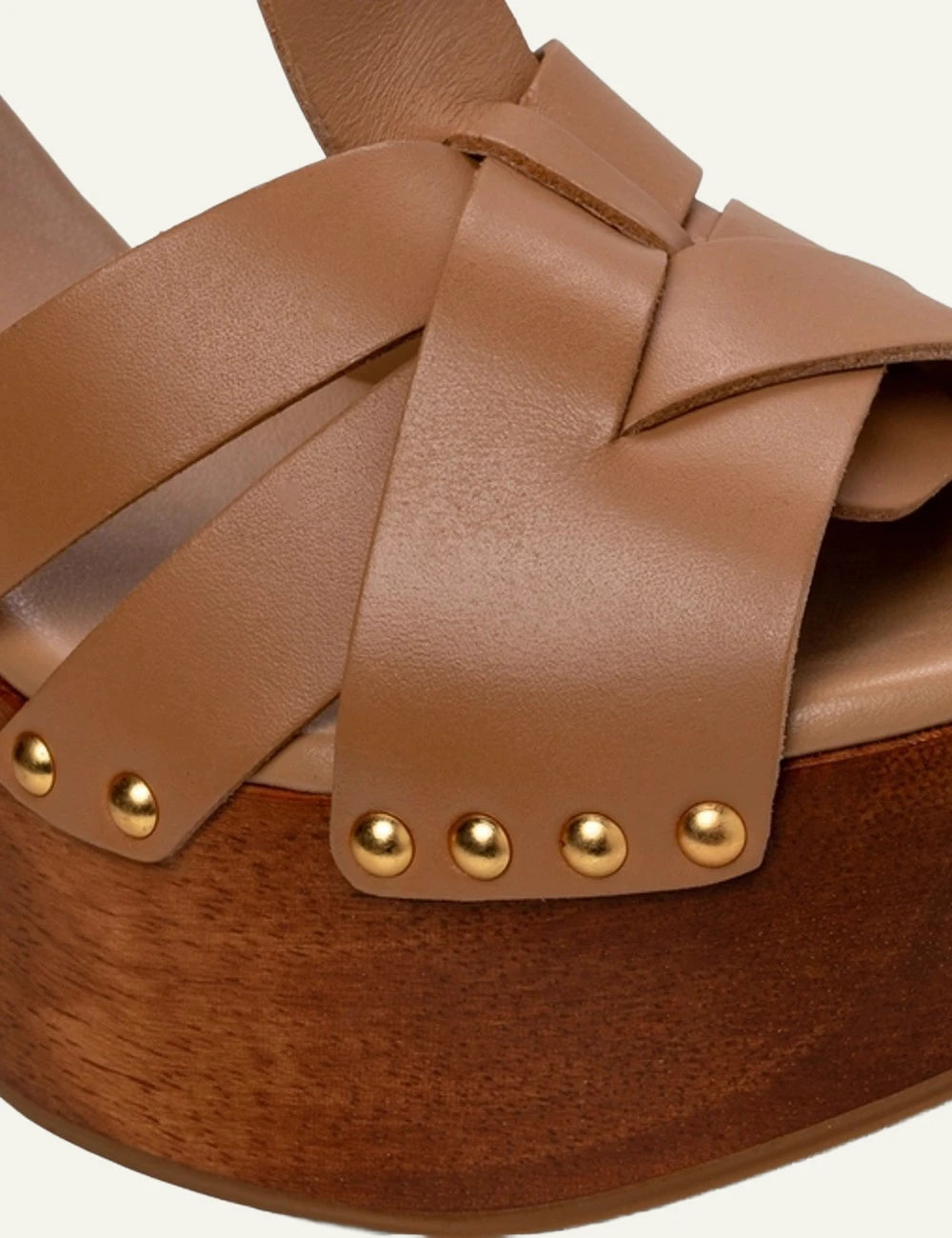 Carrano platform sandal leather beige wood heel studs side detail view