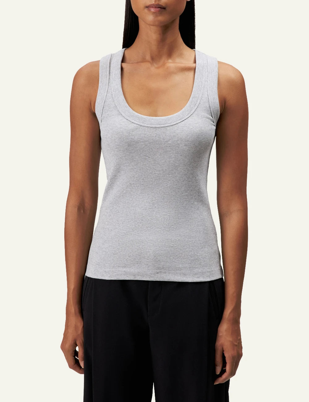Women's DRYKORN grey melange ribbed cotton tank top with scoop neck model