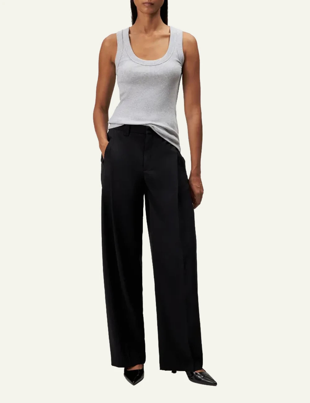 Women's DRYKORN grey melange ribbed cotton tank top with scoop neck full body