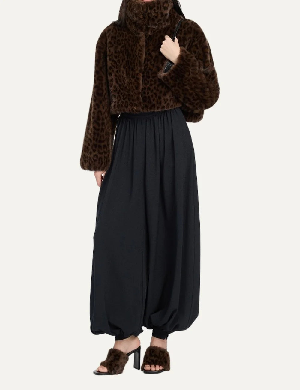 Women's cropped faux fur jacket in brown leopard print, with a high collar, long sleeves and concealed front closure full body