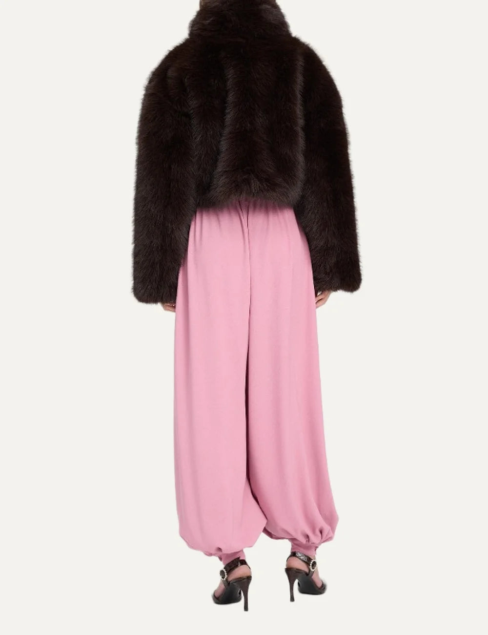 Women's dark brown cropped faux fur jacket with a high collar, long sleeves, subtle sheen and concealed front closure. back