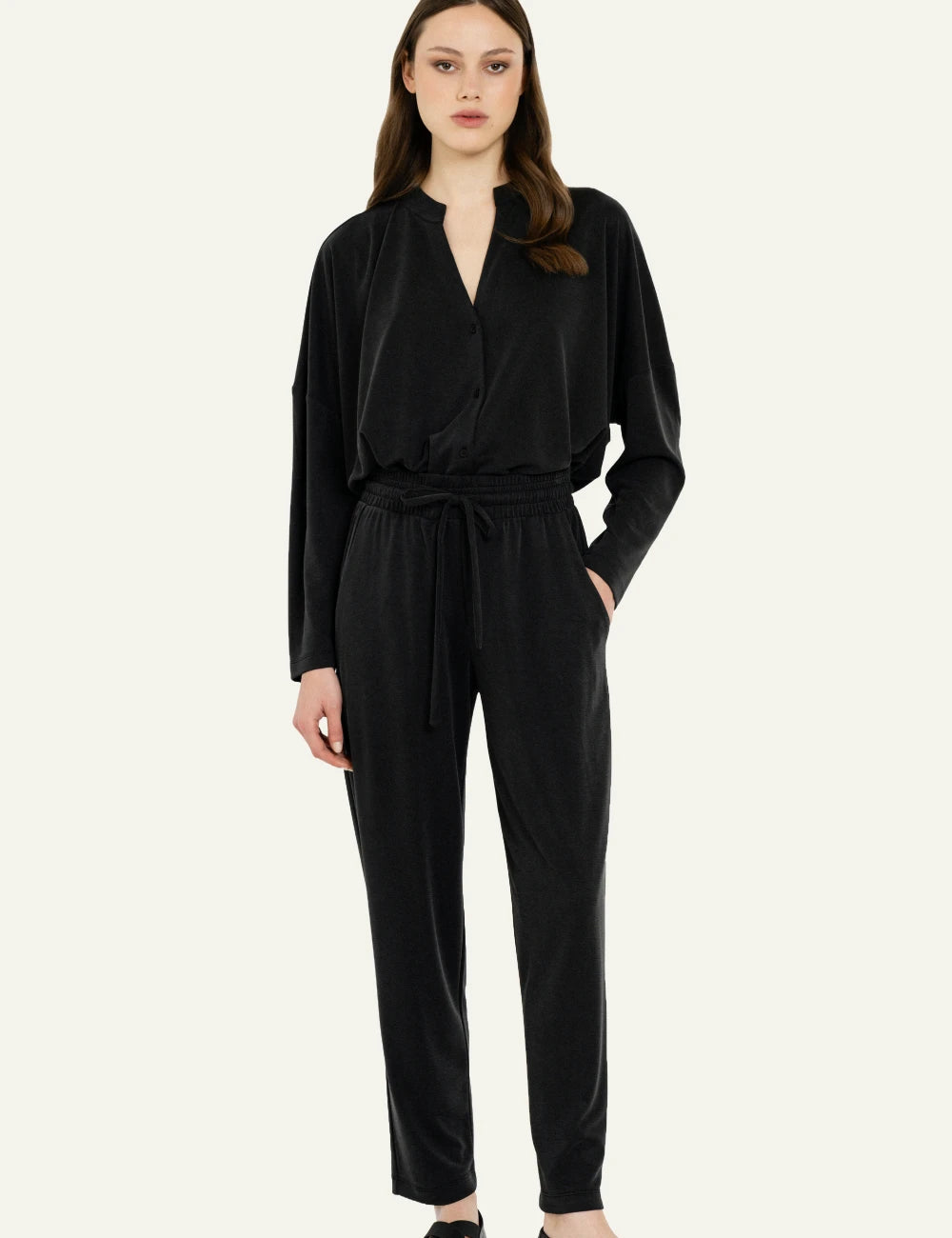 Philosophy black cupro pique jogger pants for women full look
