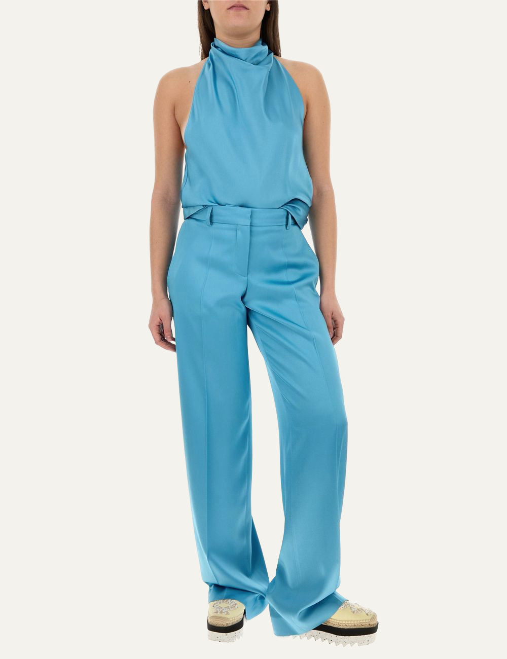 Stella McCartney satin wide leg trousers blue full look elegant fit