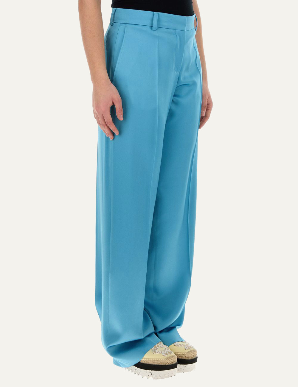 Stella McCartney satin wide leg trousers blue front view luxury pants