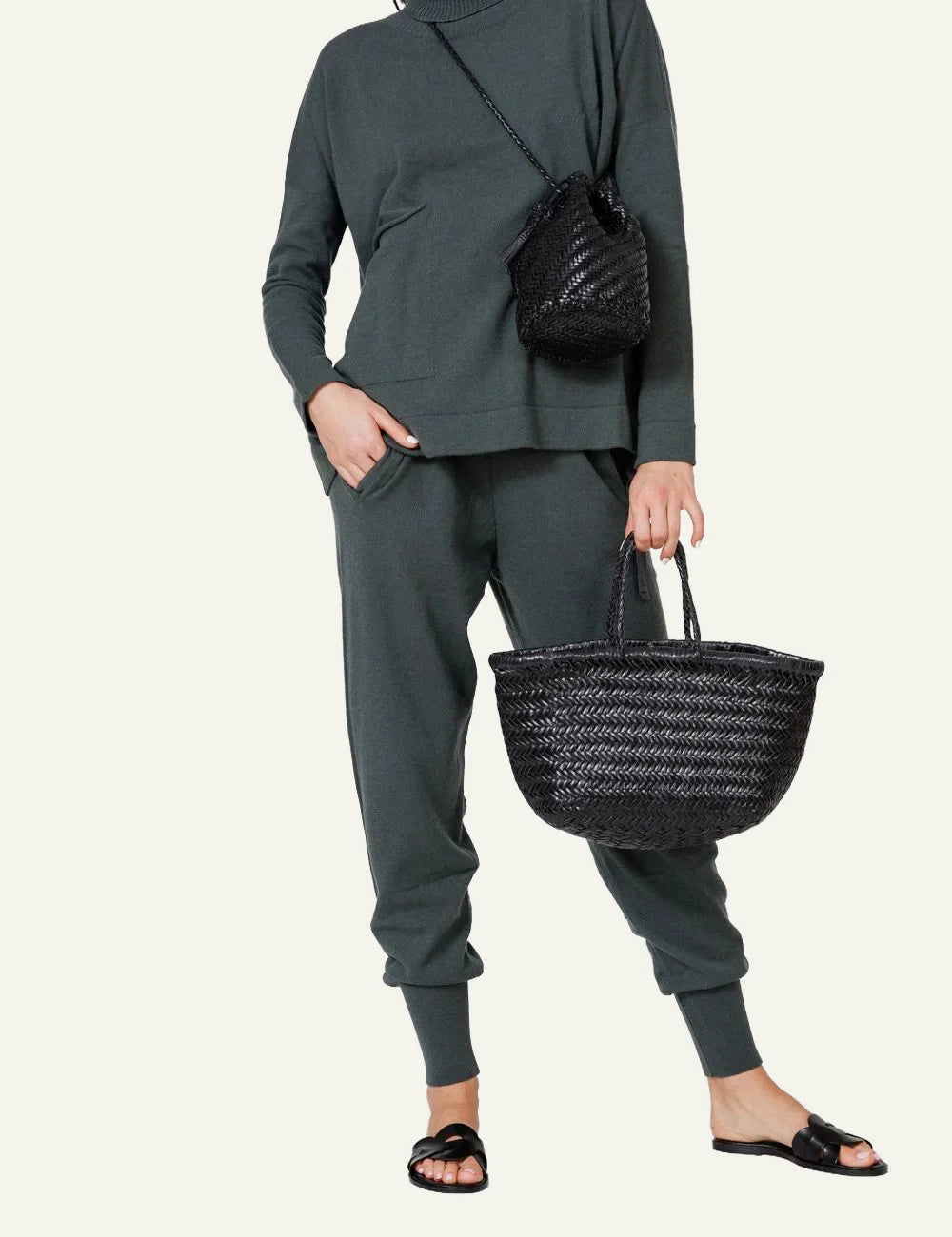 Dragon Diffusion woven leather bucket bag black front model view