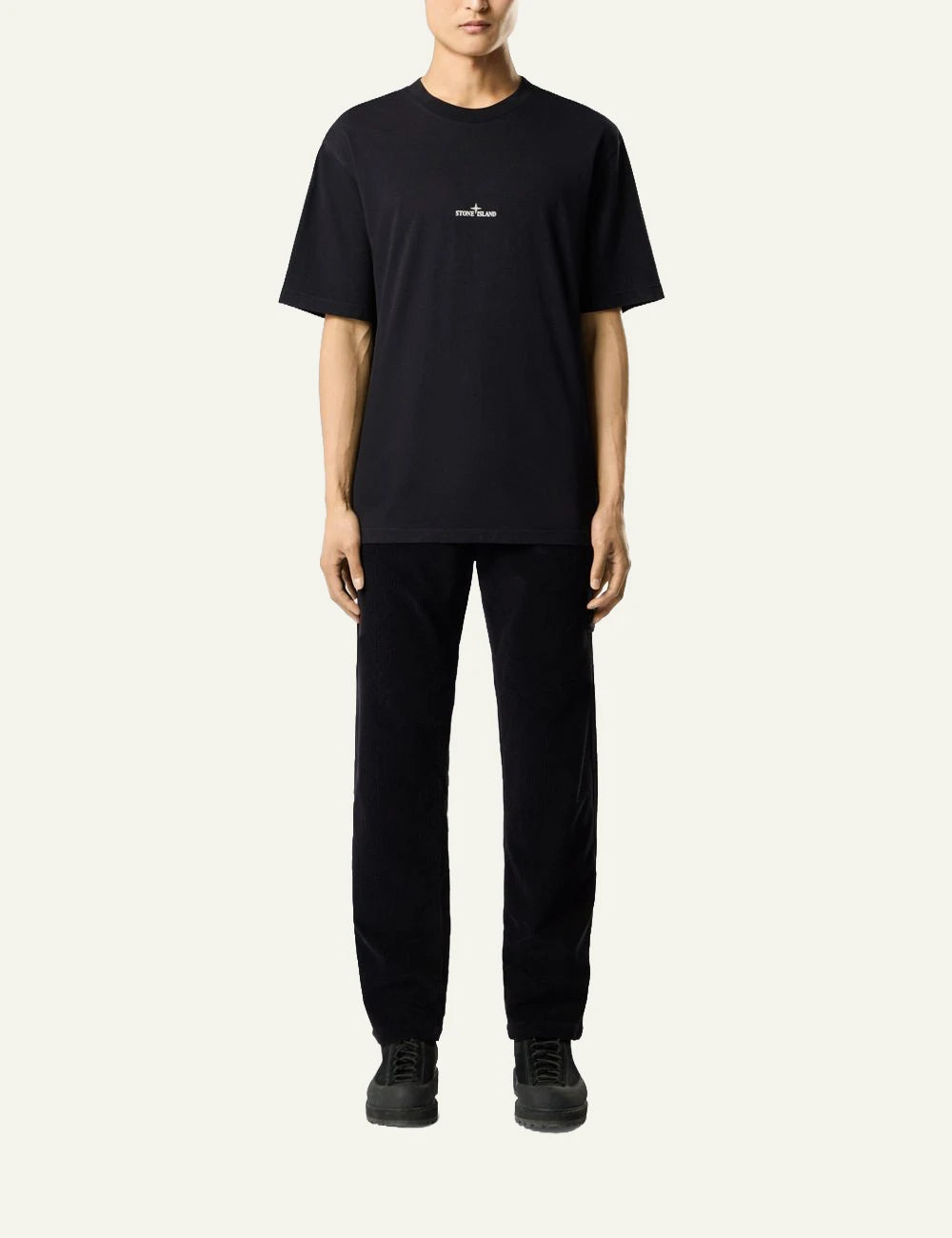 Men's Stone Island black organic cotton jersey T-shirt with logo print and Compass motif full body