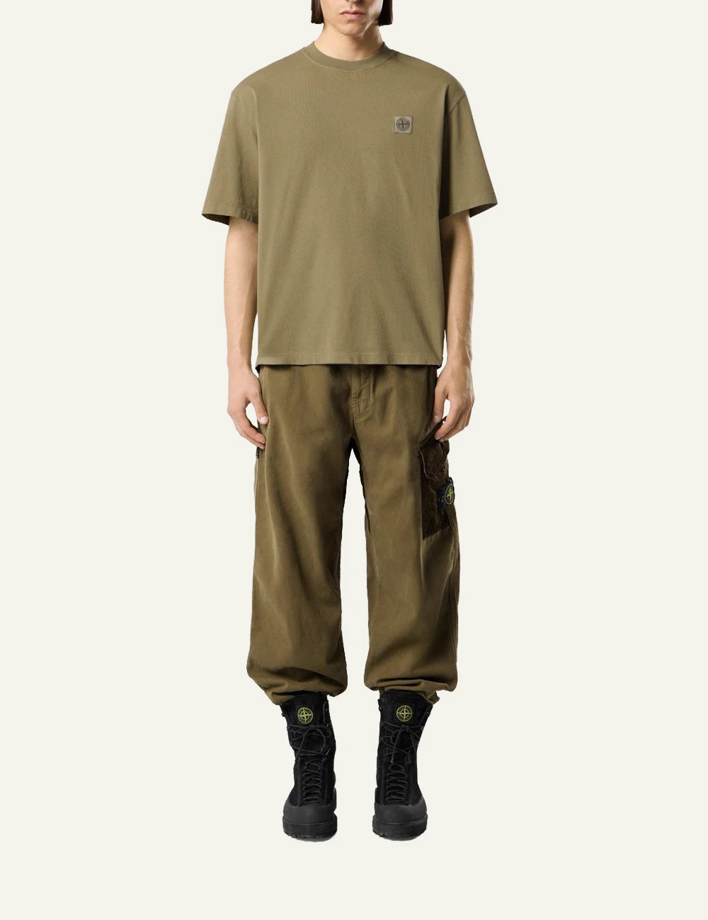 Men's Stone Island khaki organic cotton jersey T-shirt with Compass logo patch full body