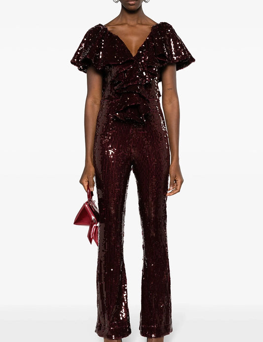 ROTATE SEQUINS RUFFLE JUMPSUIT