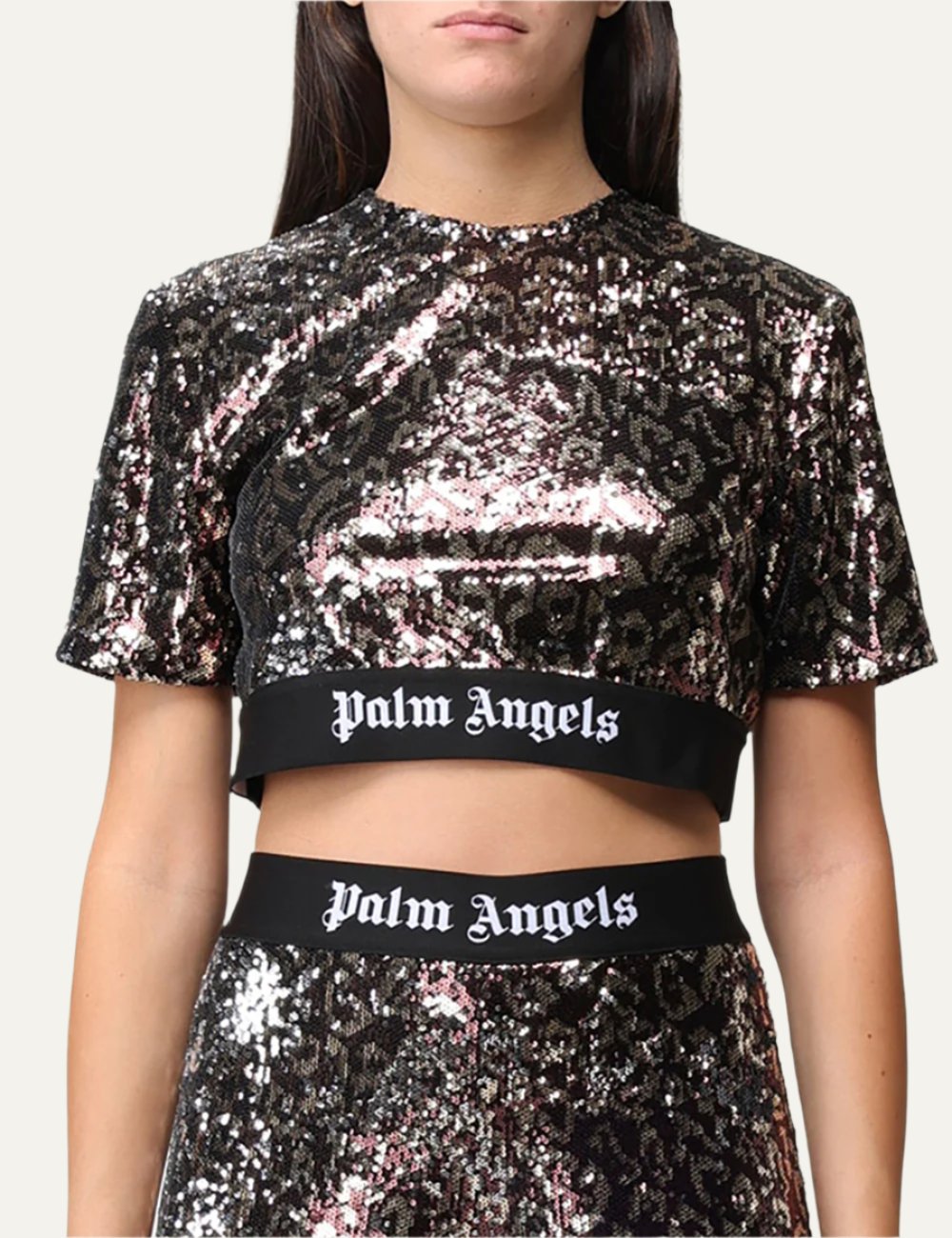 PALM ANGELS SEQUINS LOGO TAPE TEE