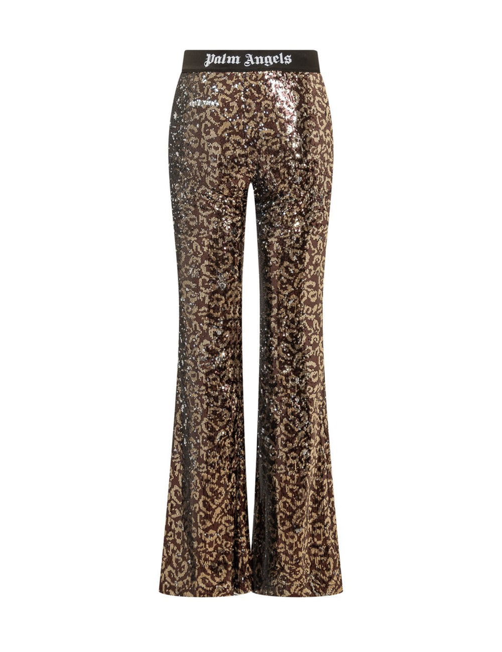 PALM ANGELS LOGO TAPE SEQUINS FLARE PANTS