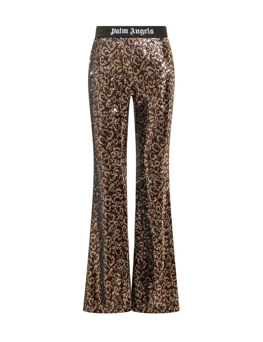 PALM ANGELS LOGO TAPE SEQUINS FLARE PANTS