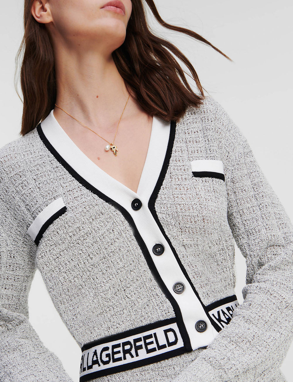 KARL LAGERFELD CROPPED BOUCLE CARDIGAN