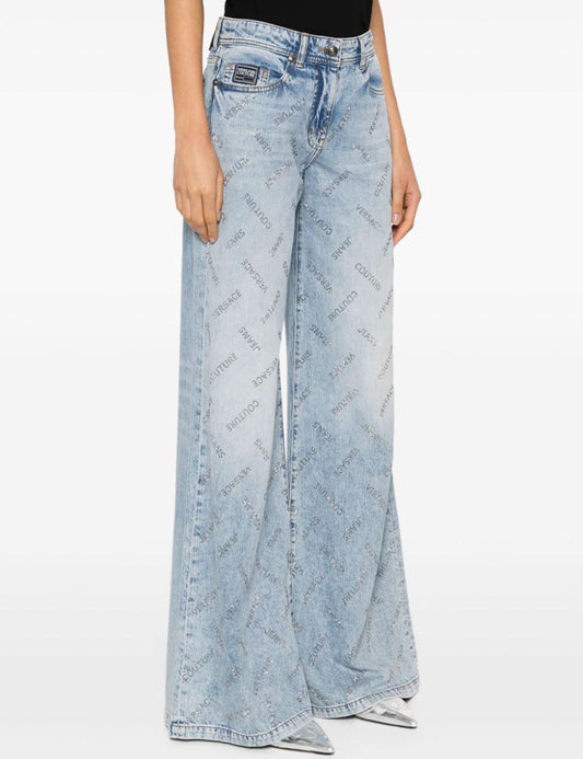 VERSACE JEANS COUTURE SLIM WIDE LEG STELLA STRASS TROUSERS