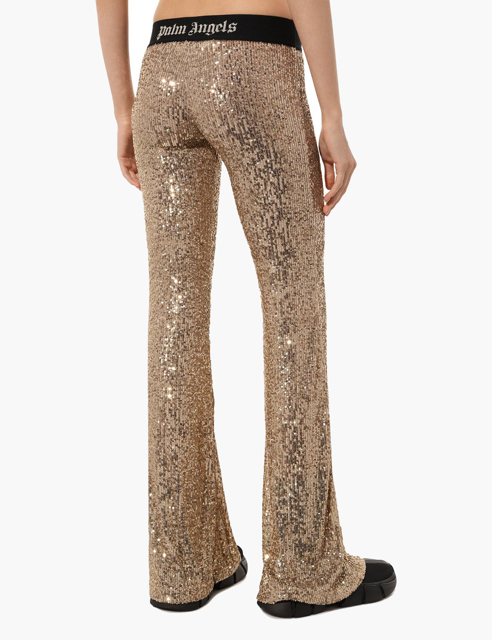 PALM ANGELS LOGO TAPE SEQUINS FLARE PANTS