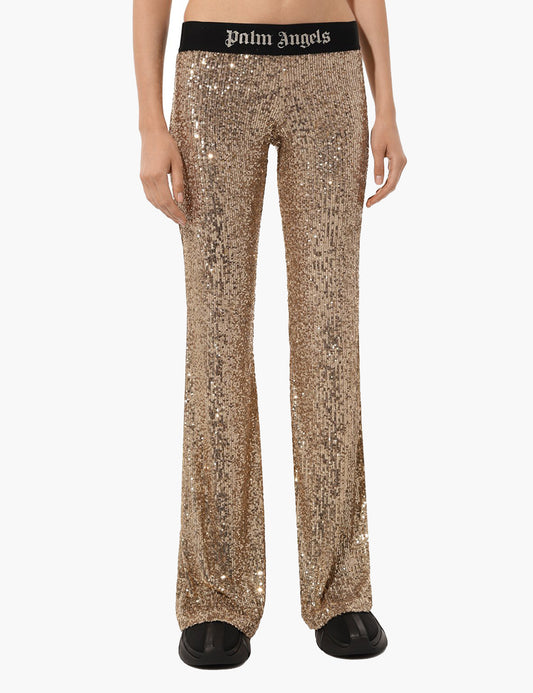 PALM ANGELS LOGO TAPE SEQUINS FLARE PANTS