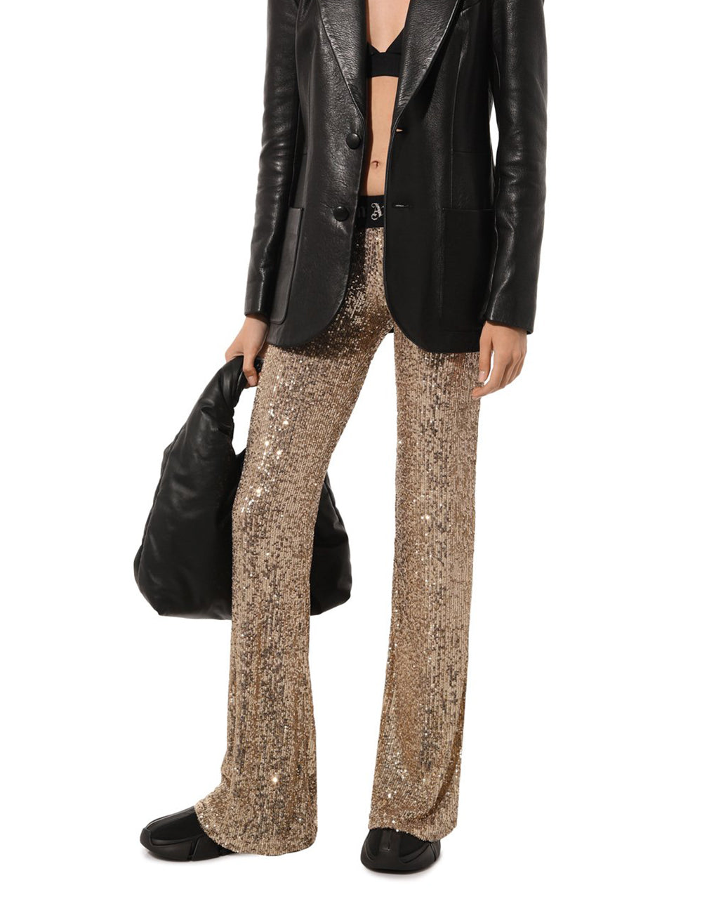 PALM ANGELS LOGO TAPE SEQUINS FLARE PANTS