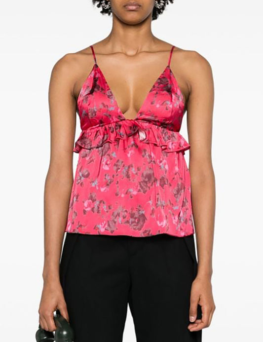 GANNI PRINTED SATIN STRAP TOP