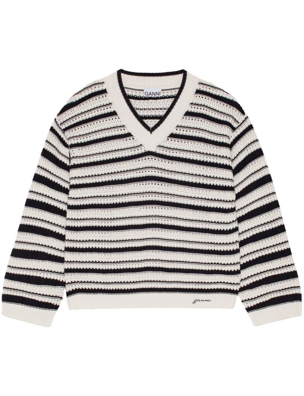 GANNI STRIPED COTTON POINTELLE V-NECK GANNI