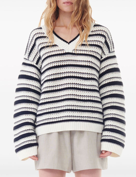 GANNI STRIPED COTTON POINTELLE V-NECK GANNI