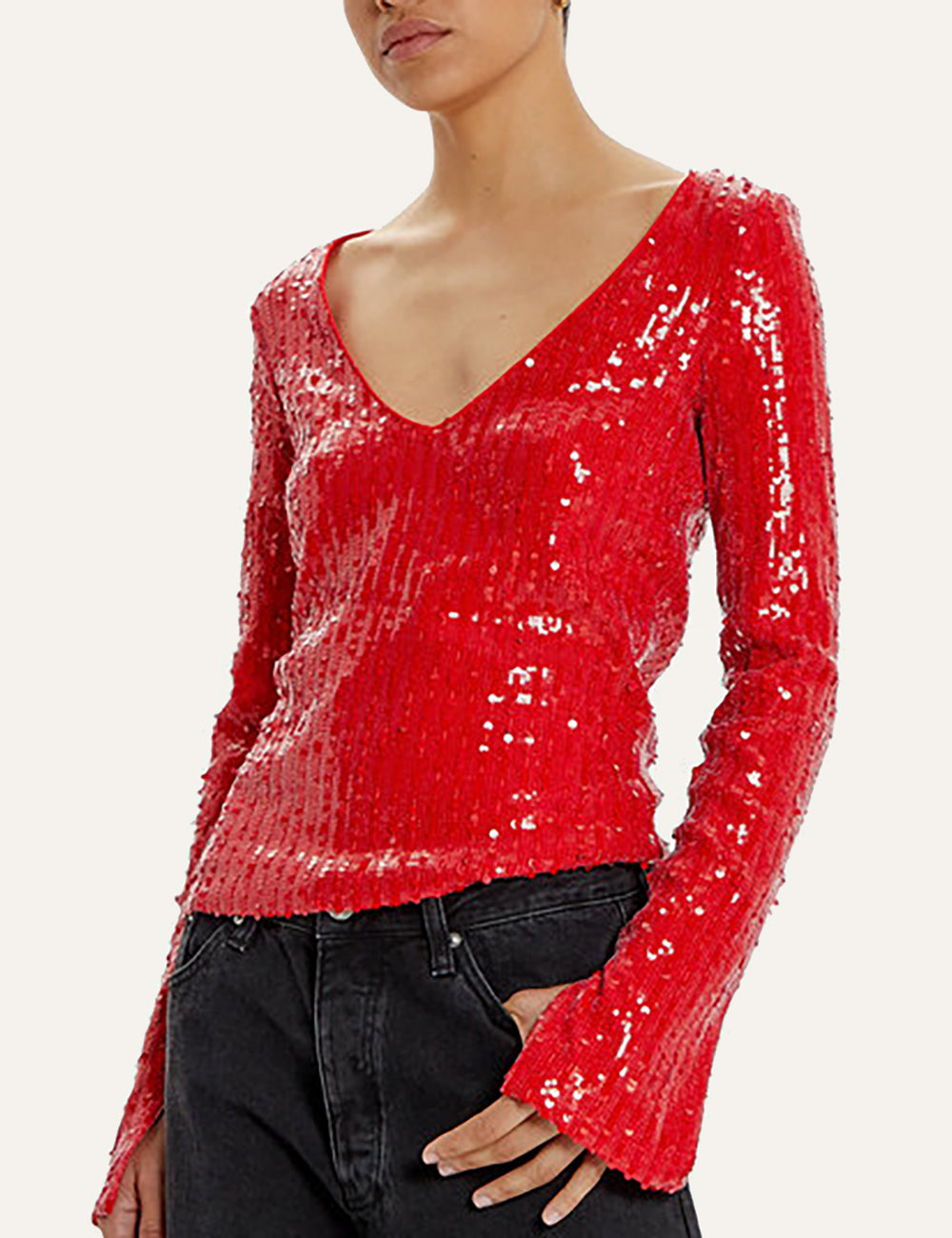 ROTATE SEQUINS LS V-NECK TOP