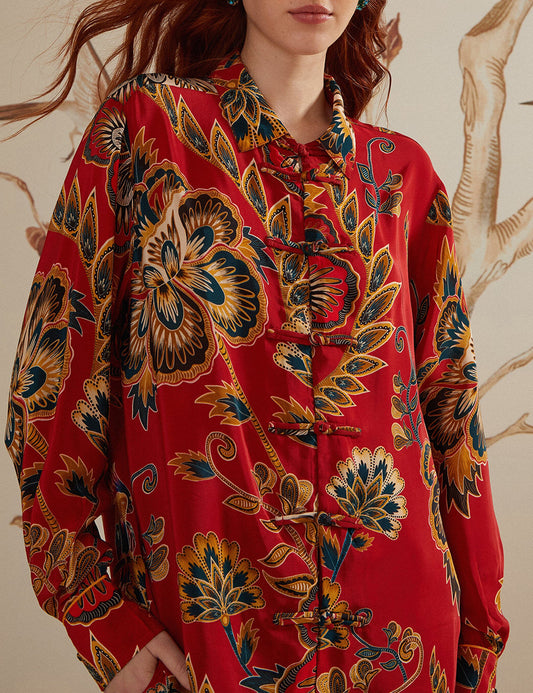 FARM RIO MAXI FLORAL RED PAJAMA SHIRT