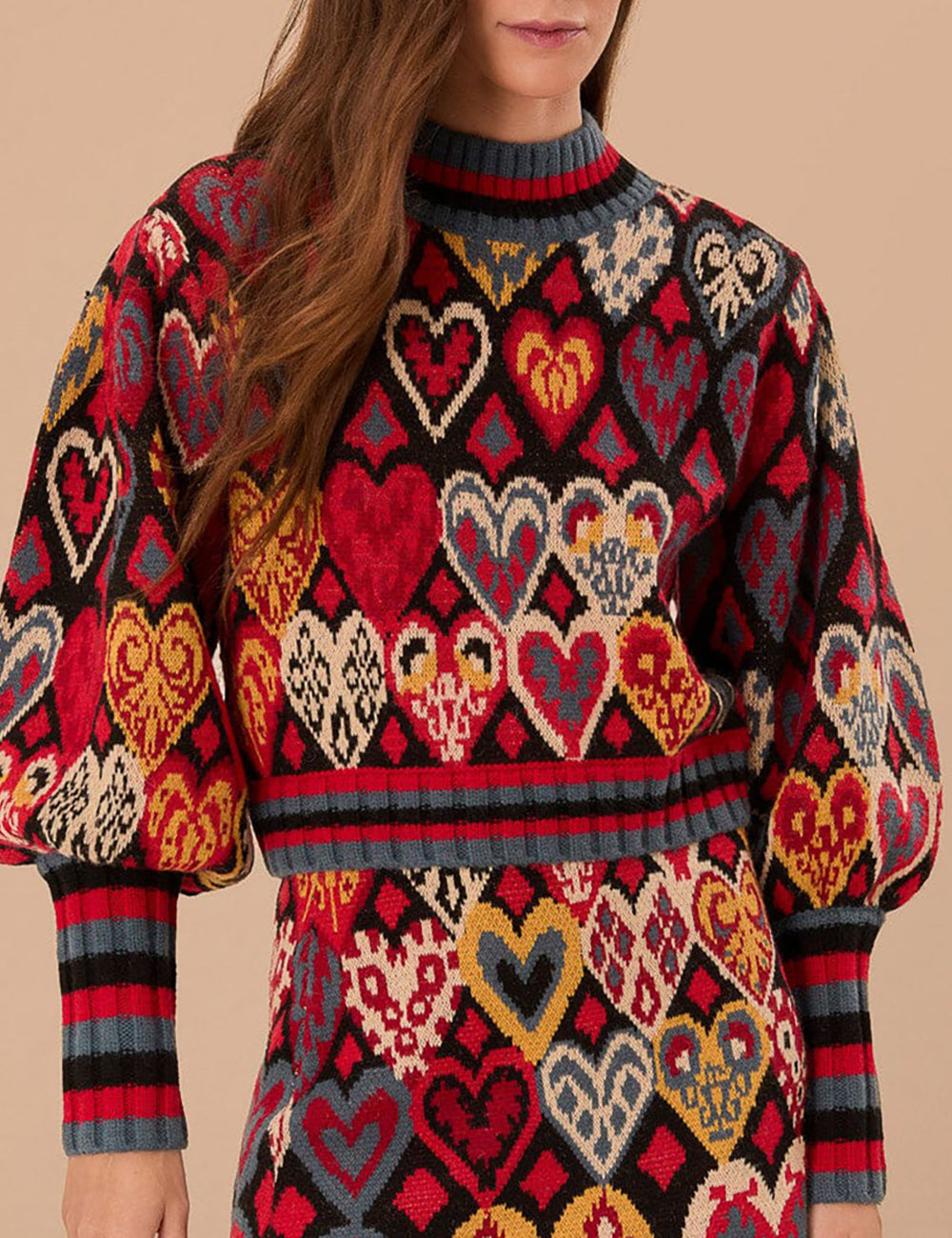 FARM RIO HEARTS IKAT BLACK KNIT SWEATER