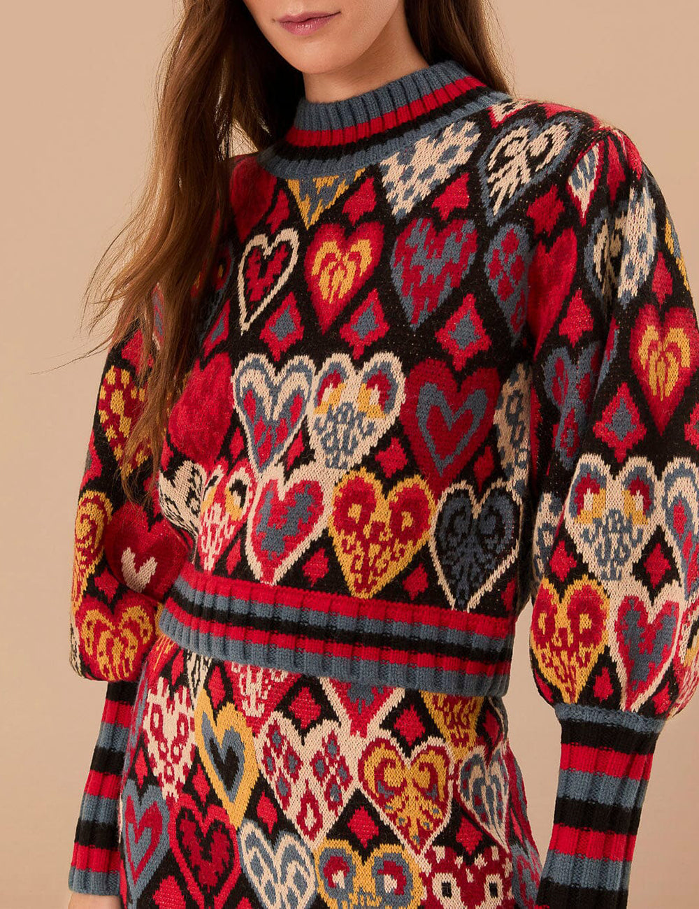 FARM RIO HEARTS IKAT BLACK KNIT SWEATER