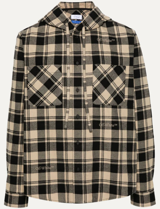 OFF WHITE CHECK FLANN HOODED SHIRT