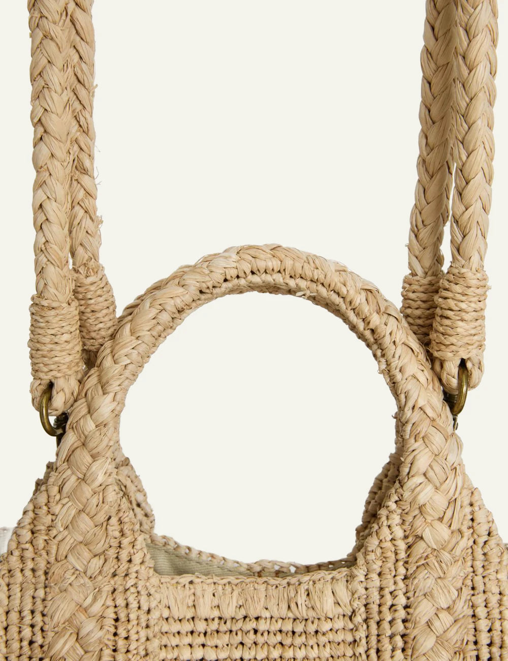 Ibeliv Soma raffia tote bag natural woven shoulder strap top detail view
