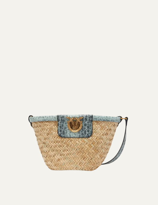 PINKO LOVE SUMMER BUCKET RAFIA + LIZARD PRINT LEATHER
