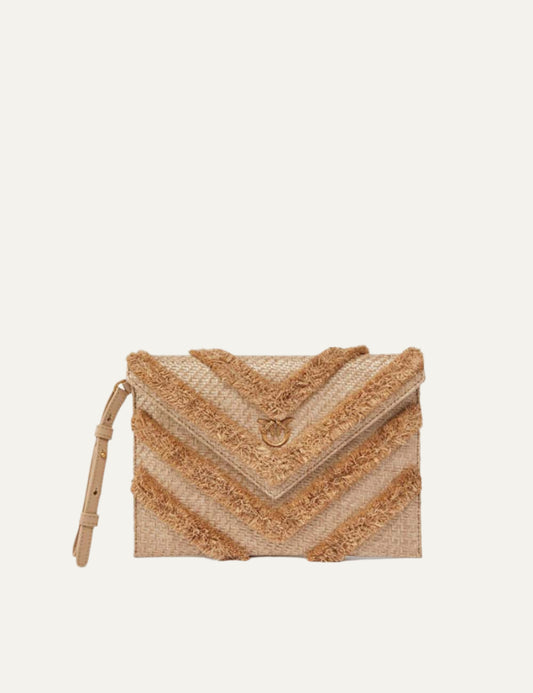 PINKO FLAT PURSE HANDLE RAFIA CON FRANGE + PELLE