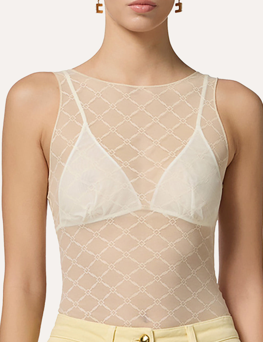 ELISABETTA FRANCHI Bodysuit in jacquard tulle fabric with diamonds