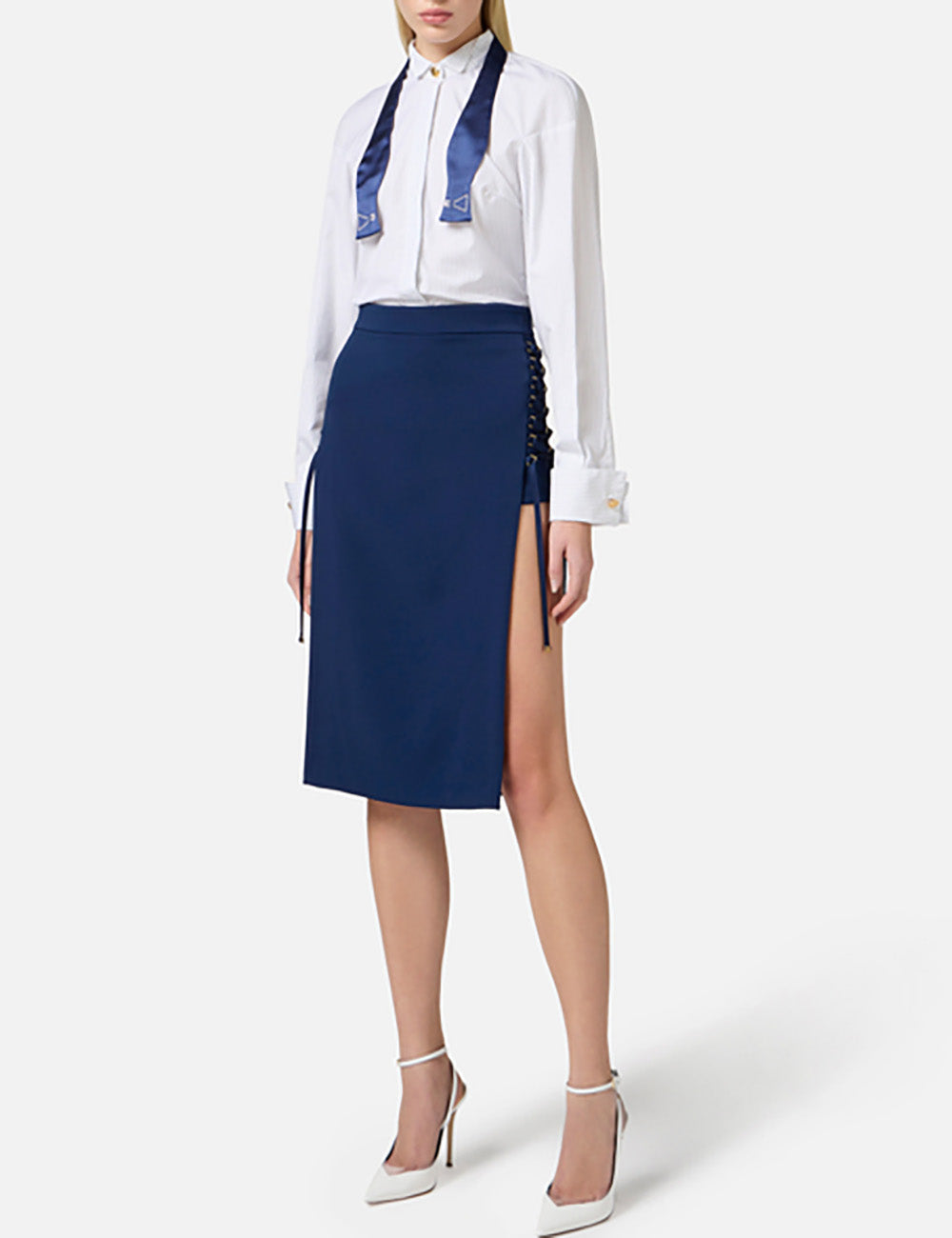 ELISABETTA FRANCHI Striped poplin shirt with bow tie