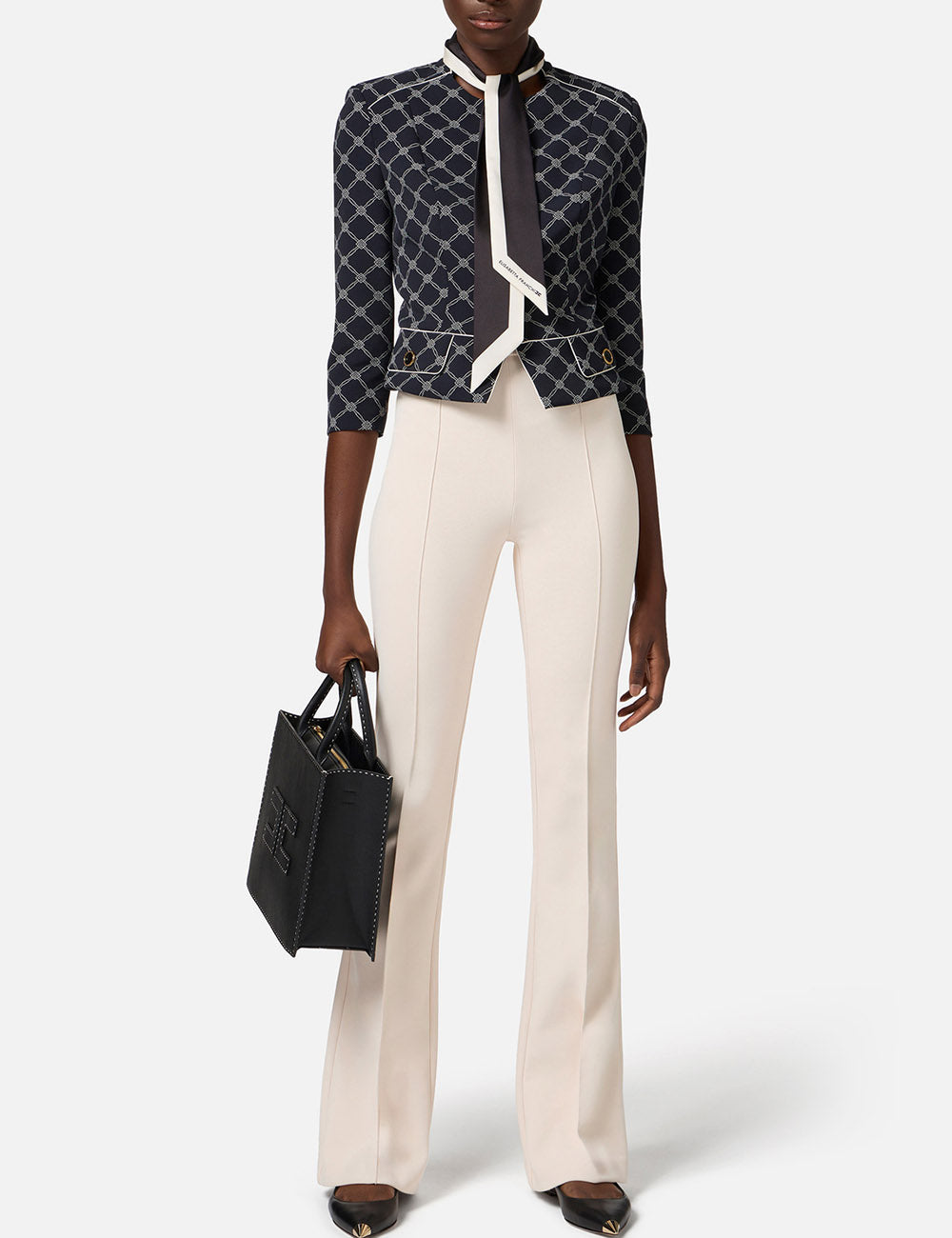 ELISABETTA FRANCHI Crêpe bell-bottom trousers with logo plaque