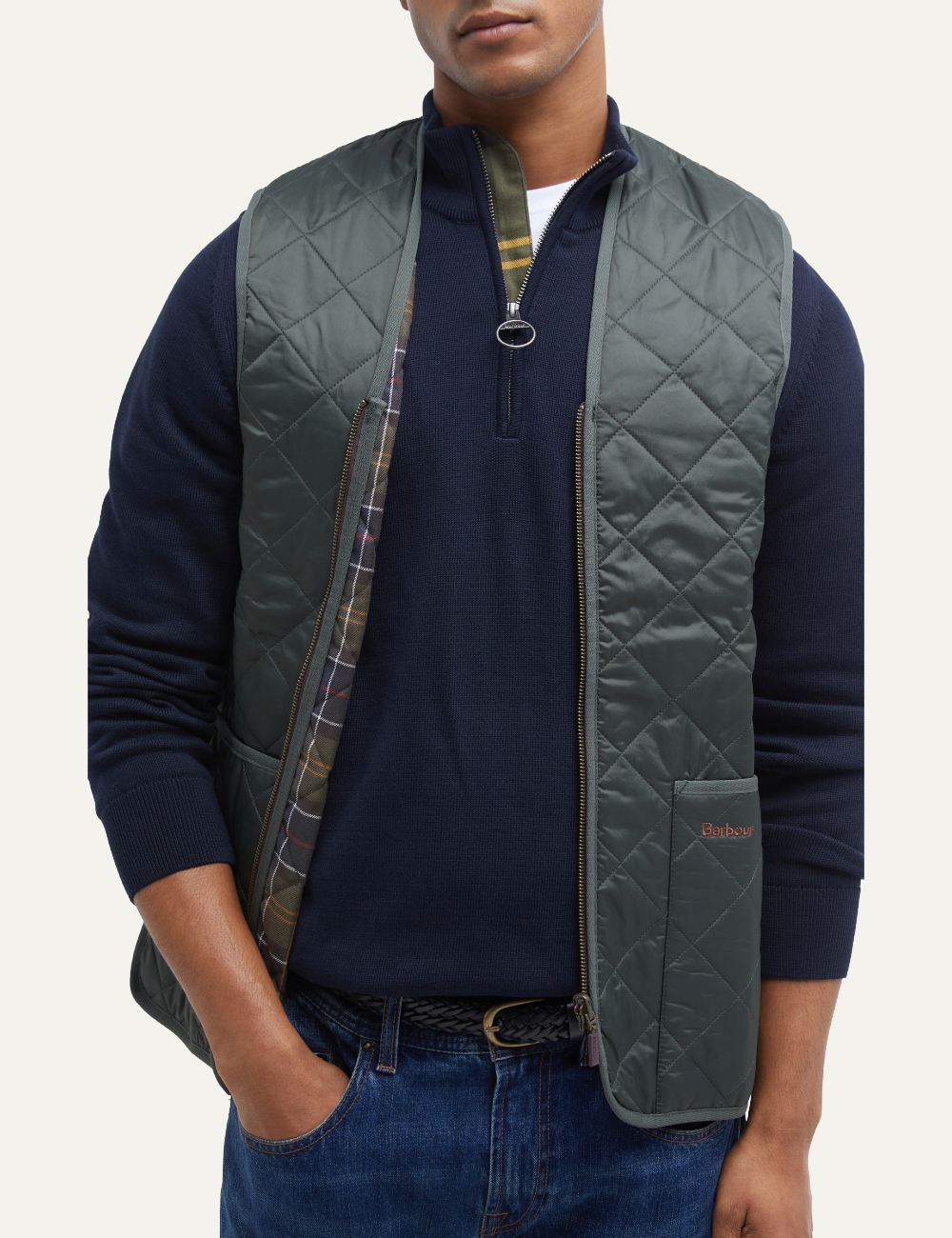 BARBOUR QUILTED WAISTCOAT OLIVE CLASSIC TARTAN