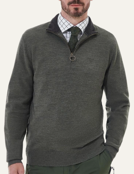 BARBOUR MERINO HALF ZIP KNITTED JUMPER OLIVE MARL