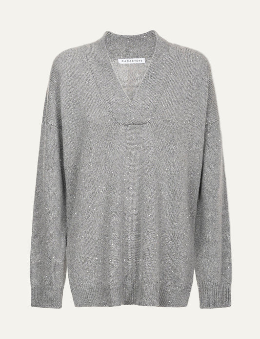 CARACTERE V NECK PULLOVER MICRO SEQUINS IN GREY