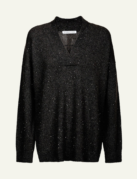 CARACTERE V NECK PULLOVER MICRO SEQUINS IN BLACK