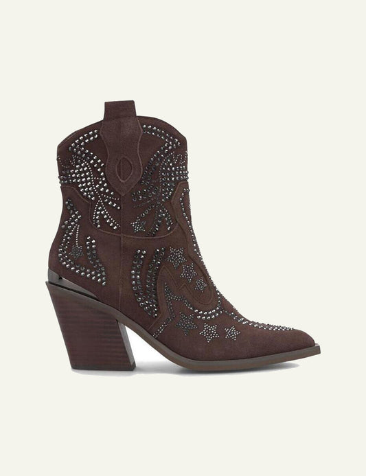 ALMA EN PENA COFFEE SUEDE STUDDED WESTERN ANKLE BOOTS