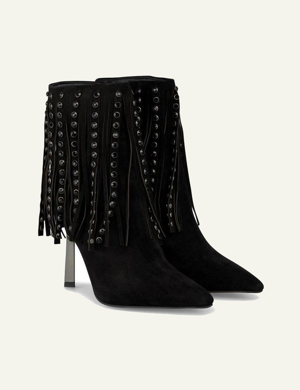 ALMA EN PENA BLACK SUEDE FRINGE STUDDED ANKLE BOOTS