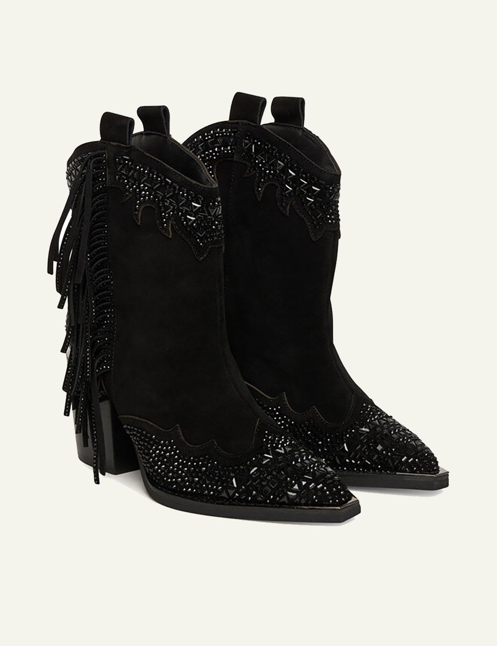 ALMA EN PENA BLACK SUEDE CRYSTAL FRINGE WESTER BOOTS
