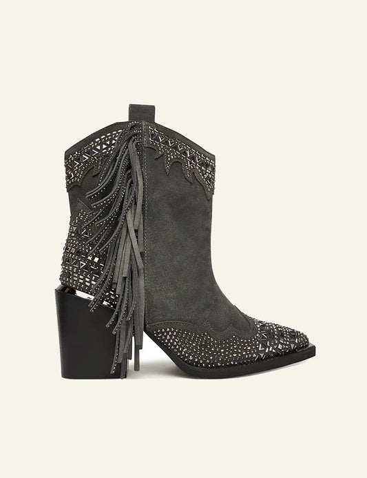 ALMA EN PENA GREY SUEDE CRYSTAL FRINGE WESTER BOOTS
